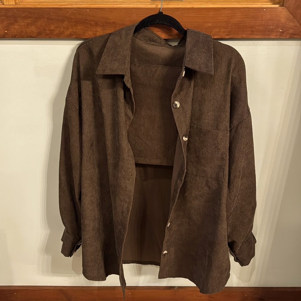 SHEIN brown corduroy skirt and button up set